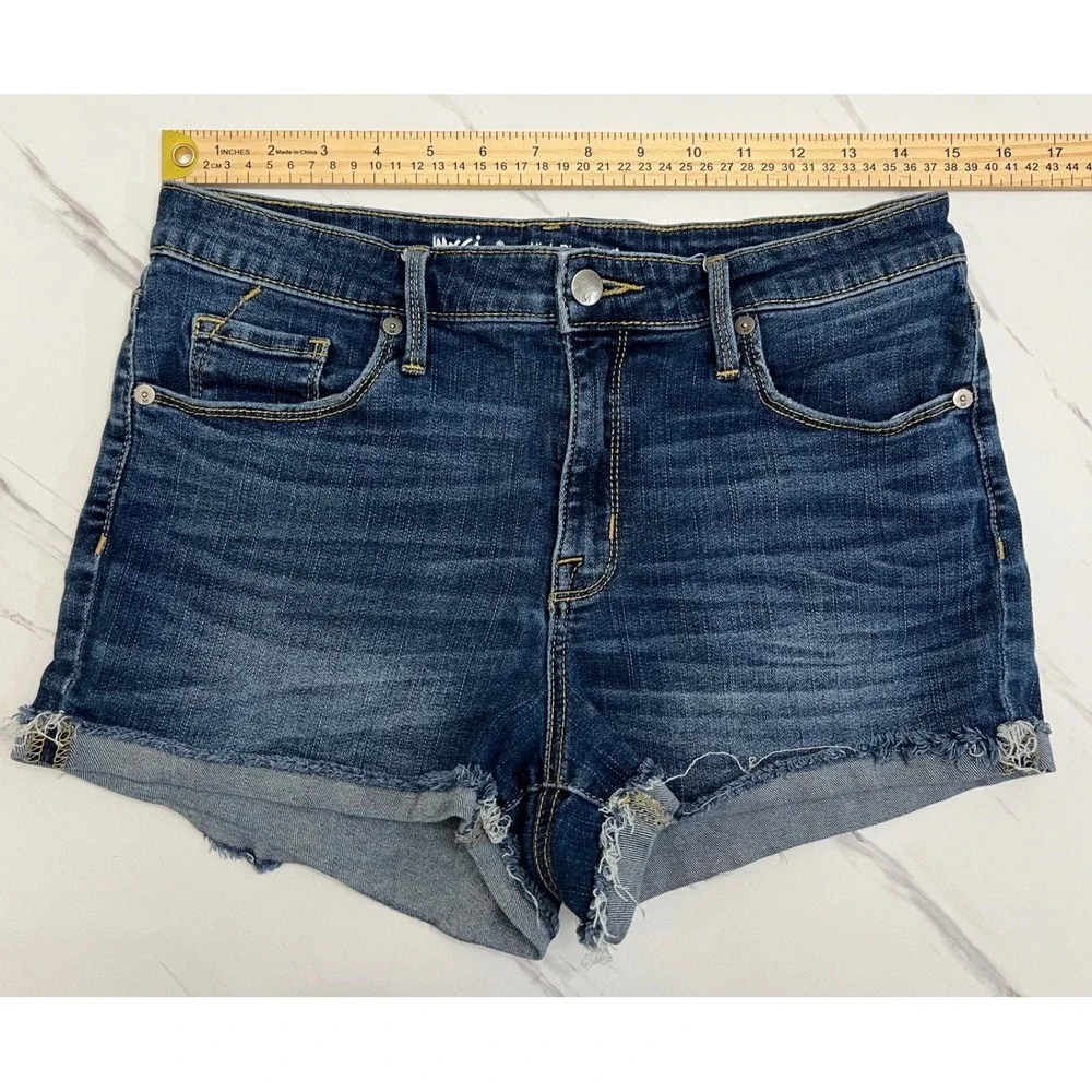 Mossimo Denim‎ High Rise Shorts Dark Wash Raw Hem Power Stretch Size 10/30R